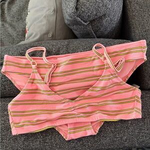 NWT Aerie FULL SET Beach Babe Shine Rib Voop Top + Full Coverage Bottom in Pink